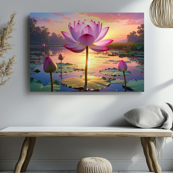 Sunset Lotus Reflection Canvas – Spiritual Pond Serenity & Light Art - Gifitto