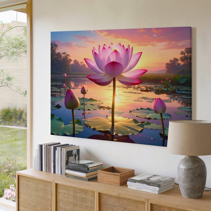 Sunset Lotus Reflection Canvas – Spiritual Pond Serenity & Light Art - Gifitto