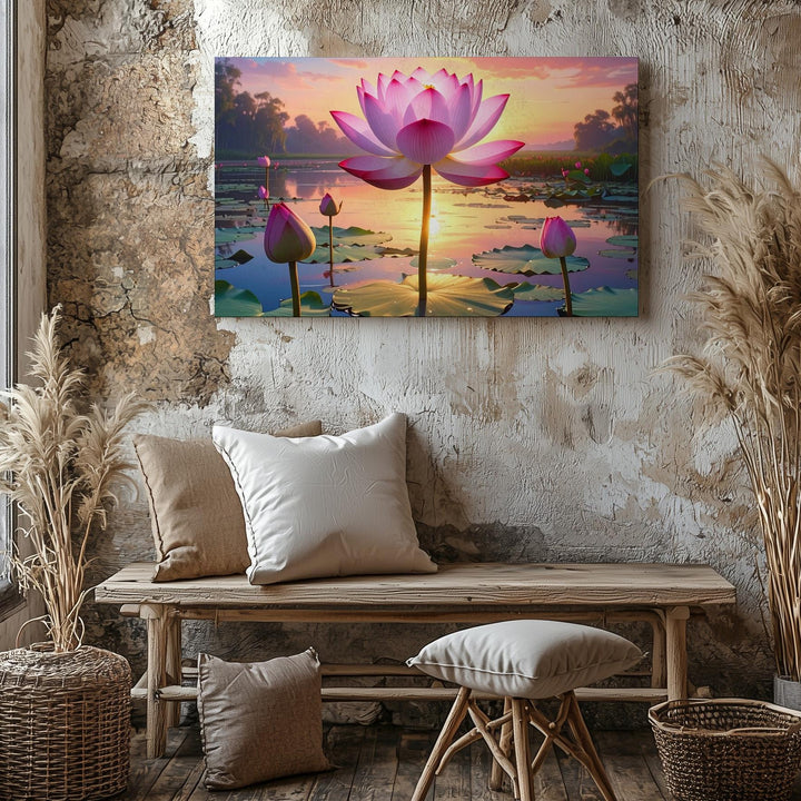 Sunset Lotus Reflection Canvas – Spiritual Pond Serenity & Light Art - Gifitto