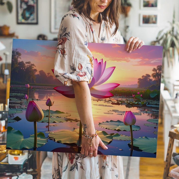 Sunset Lotus Reflection Canvas – Spiritual Pond Serenity & Light Art - Gifitto