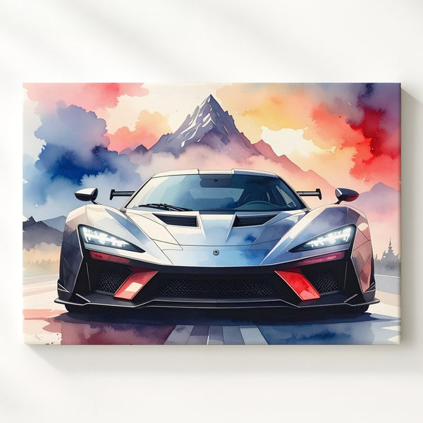 Watercolor Hypercar Canvas – Exotic Speed with Abstract Mountain Dreamscape - Gifitto