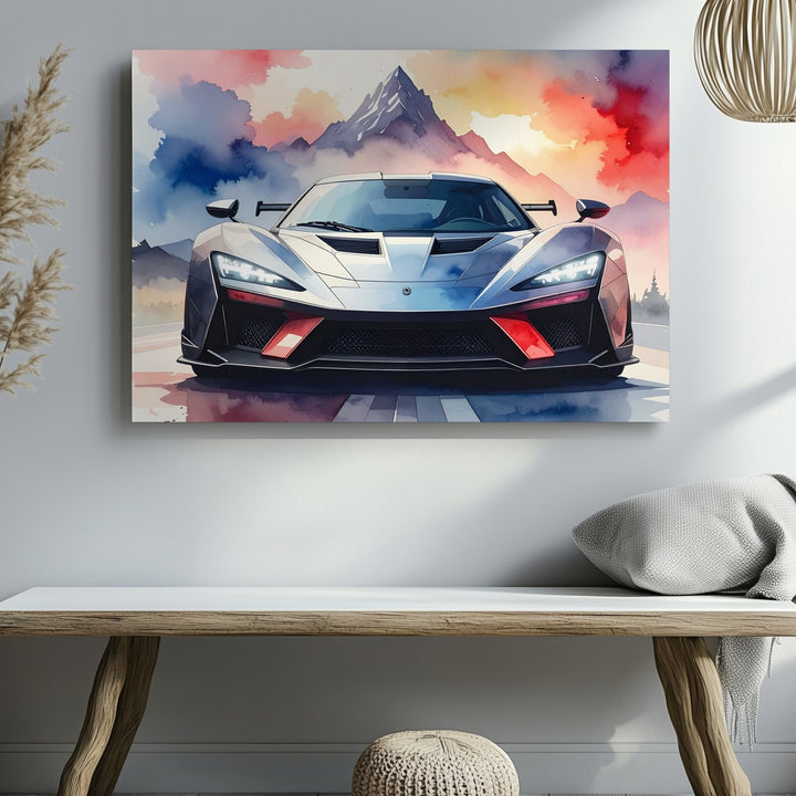 Watercolor Hypercar Canvas – Exotic Speed with Abstract Mountain Dreamscape - Gifitto