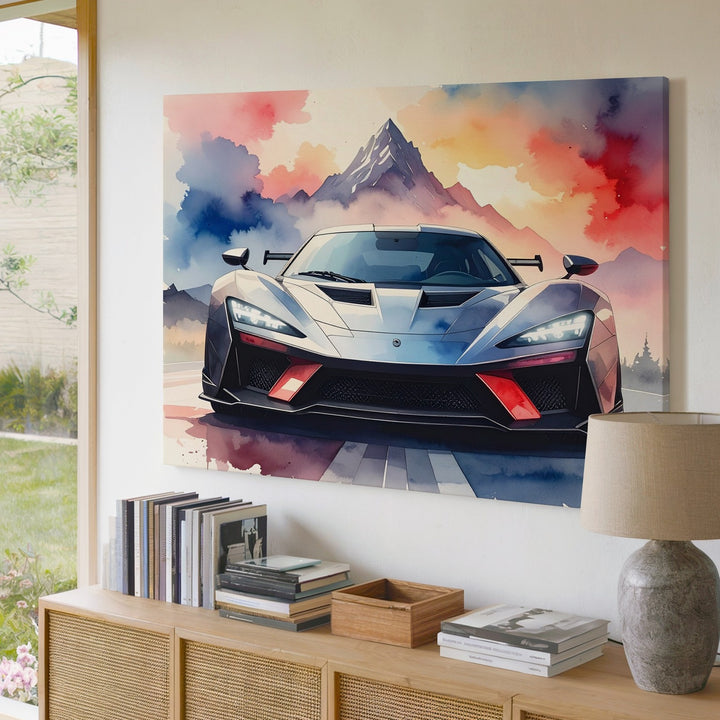Watercolor Hypercar Canvas – Exotic Speed with Abstract Mountain Dreamscape - Gifitto