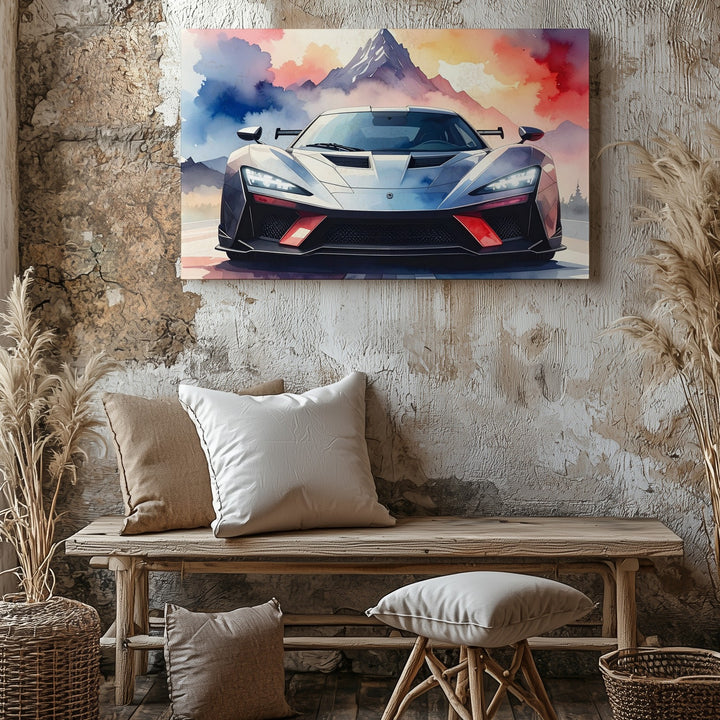 Watercolor Hypercar Canvas – Exotic Speed with Abstract Mountain Dreamscape - Gifitto