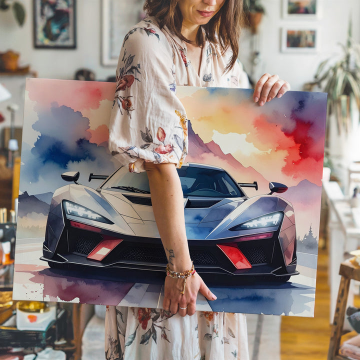 Watercolor Hypercar Canvas – Exotic Speed with Abstract Mountain Dreamscape - Gifitto