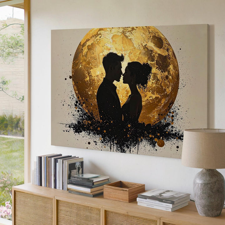 Cosmic Love Canvas – Minimalist Silhouette with Golden Circle - Gifitto