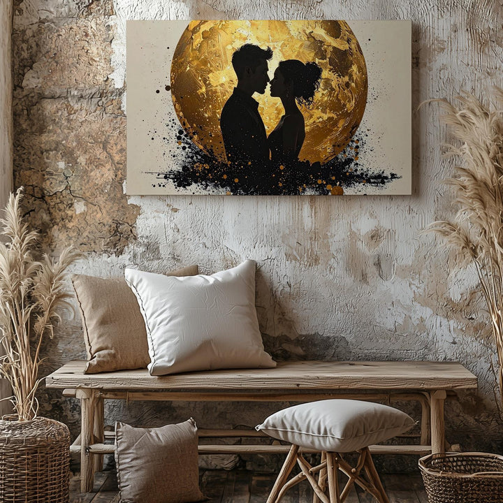 Cosmic Love Canvas – Minimalist Silhouette with Golden Circle - Gifitto