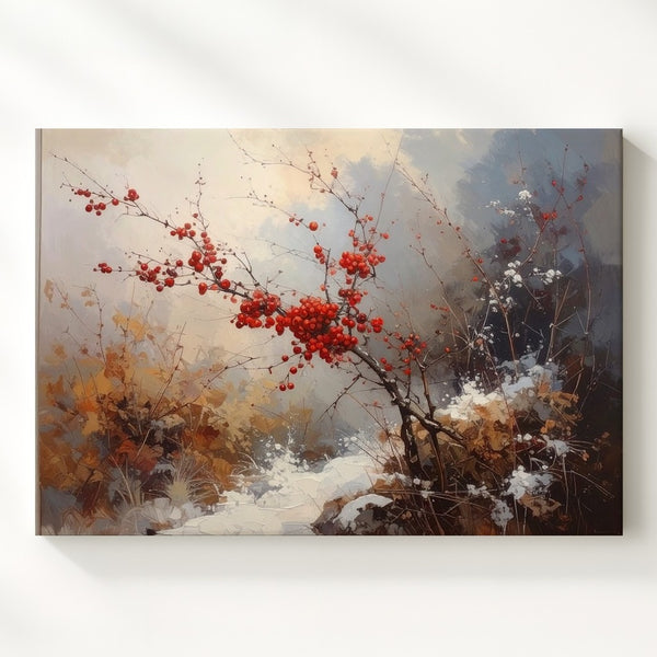Red Winter Berries Canvas – Minimalist Watercolor Nature Art
