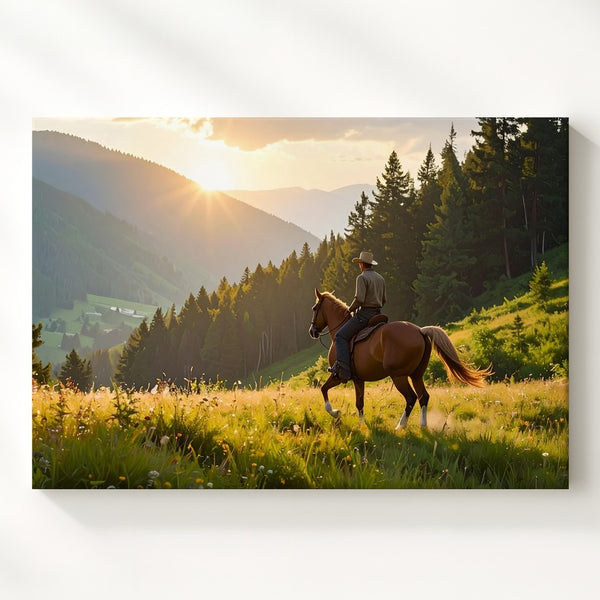 Golden Hour Ride Canvas – Horse & Rider in Alpine Meadow Sunset - Gifitto