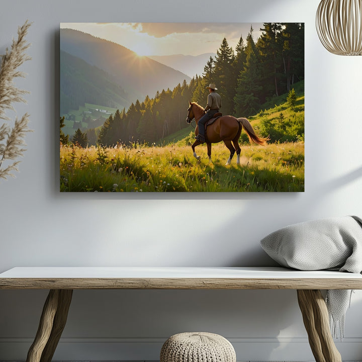 Golden Hour Ride Canvas – Horse & Rider in Alpine Meadow Sunset - Gifitto