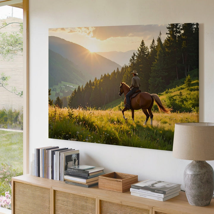 Golden Hour Ride Canvas – Horse & Rider in Alpine Meadow Sunset - Gifitto