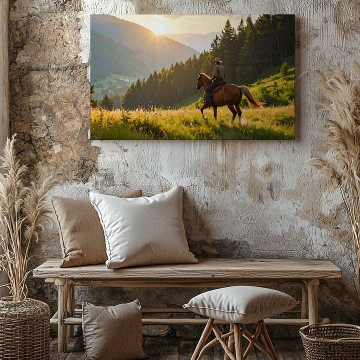 Golden Hour Ride Canvas – Horse & Rider in Alpine Meadow Sunset - Gifitto