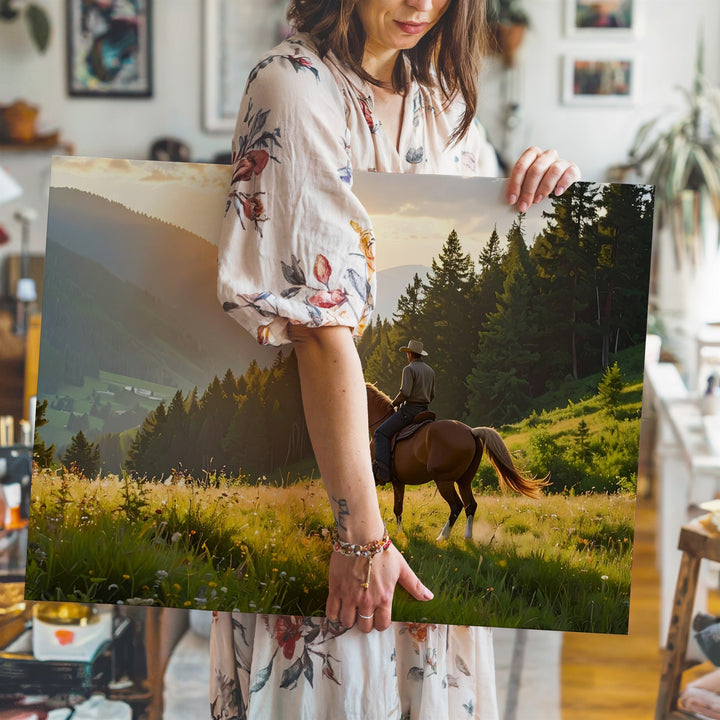 Golden Hour Ride Canvas – Horse & Rider in Alpine Meadow Sunset - Gifitto