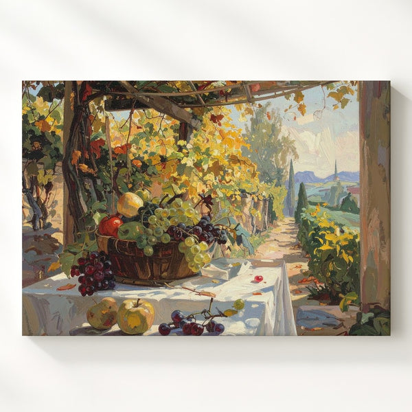 Autumn Vineyard Terrace Canvas – Impressionist Harvest Table Under Golden Vines - Gifitto