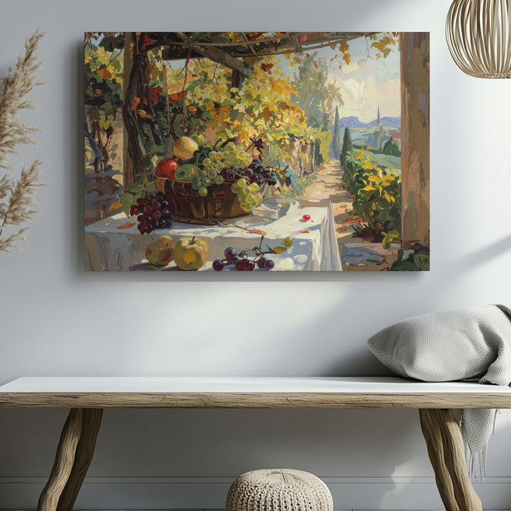Autumn Vineyard Terrace Canvas – Impressionist Harvest Table Under Golden Vines - Gifitto