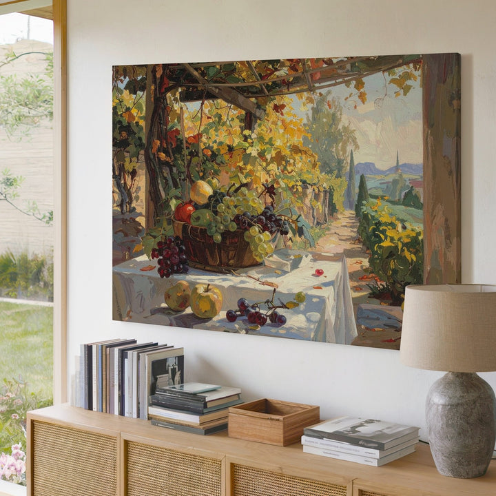 Autumn Vineyard Terrace Canvas – Impressionist Harvest Table Under Golden Vines - Gifitto