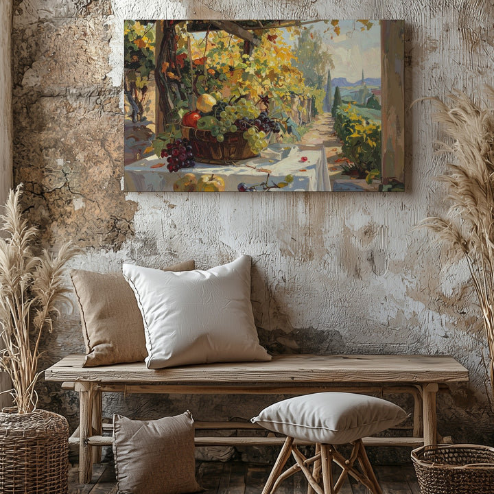 Autumn Vineyard Terrace Canvas – Impressionist Harvest Table Under Golden Vines - Gifitto