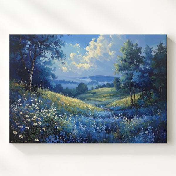 Blue Wildflower Meadow Canvas – Serene Panoramic Nature Landscape Art - Gifitto