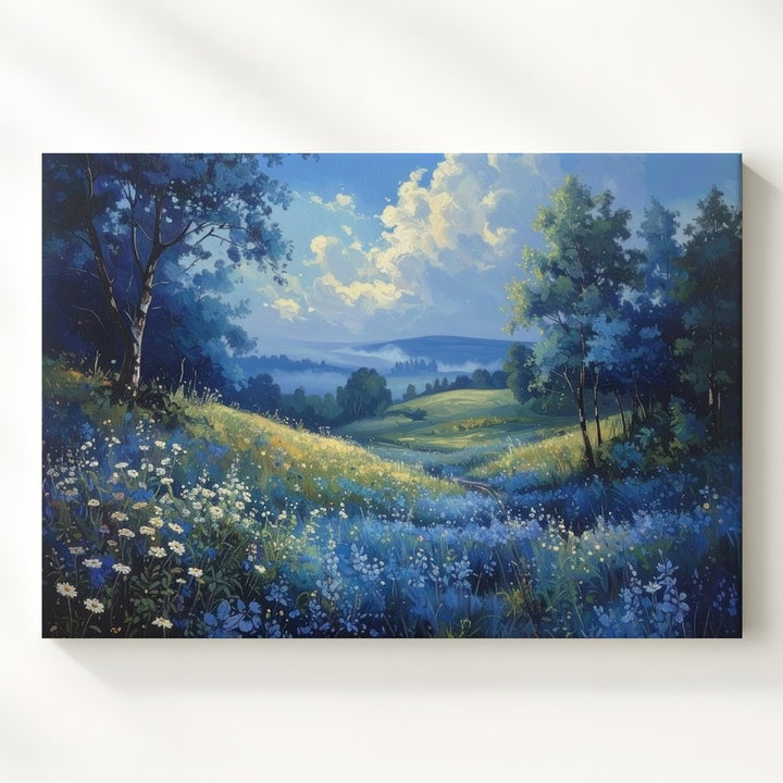 Blue Wildflower Meadow Canvas – Serene Panoramic Nature Landscape Art - Gifitto