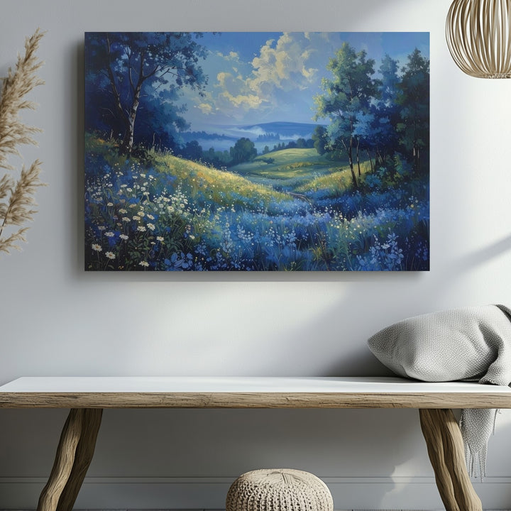 Blue Wildflower Meadow Canvas – Serene Panoramic Nature Landscape Art - Gifitto