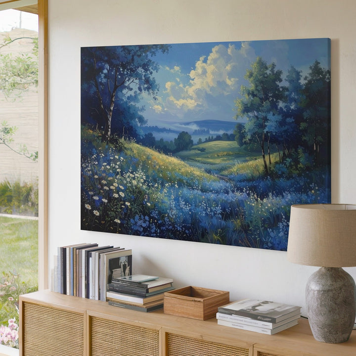 Blue Wildflower Meadow Canvas – Serene Panoramic Nature Landscape Art - Gifitto