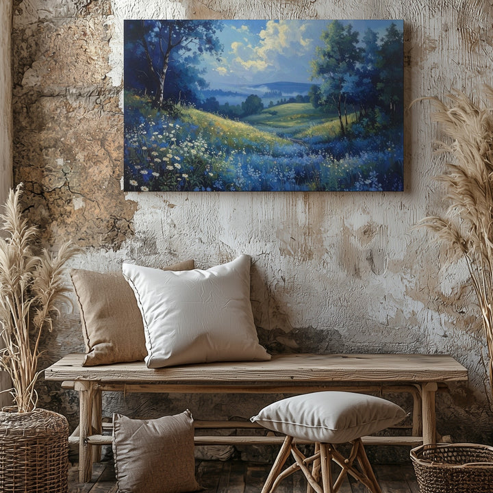 Blue Wildflower Meadow Canvas – Serene Panoramic Nature Landscape Art - Gifitto
