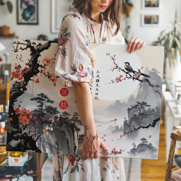 Plum Blossom & Birds Canvas – Traditional Chinese Ink Wash Wall Art - Gifitto