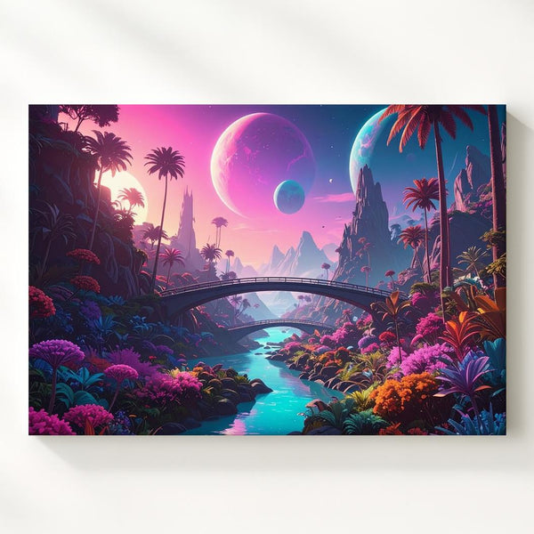 Alien River Canvas – Colorful Flora and Glowing Planets in Surreal Landscape - Gifitto