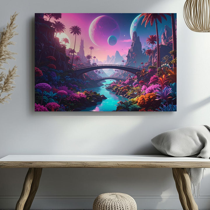 Alien River Canvas – Colorful Flora and Glowing Planets in Surreal Landscape - Gifitto