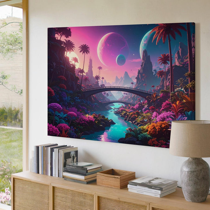 Alien River Canvas – Colorful Flora and Glowing Planets in Surreal Landscape - Gifitto