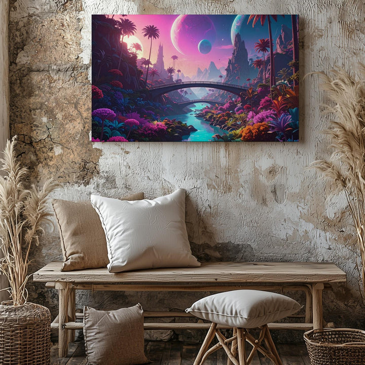 Alien River Canvas – Colorful Flora and Glowing Planets in Surreal Landscape - Gifitto
