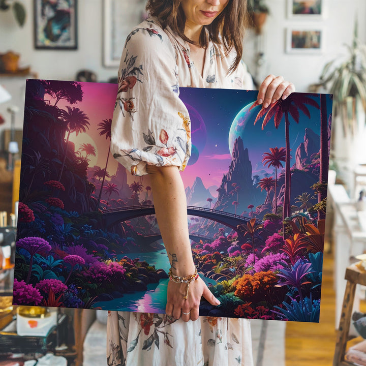 Alien River Canvas – Colorful Flora and Glowing Planets in Surreal Landscape - Gifitto
