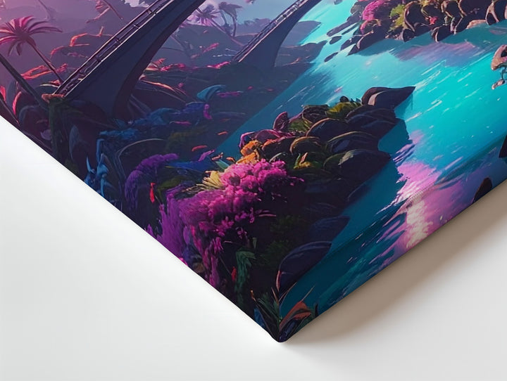 Alien River Canvas – Colorful Flora and Glowing Planets in Surreal Landscape - Gifitto