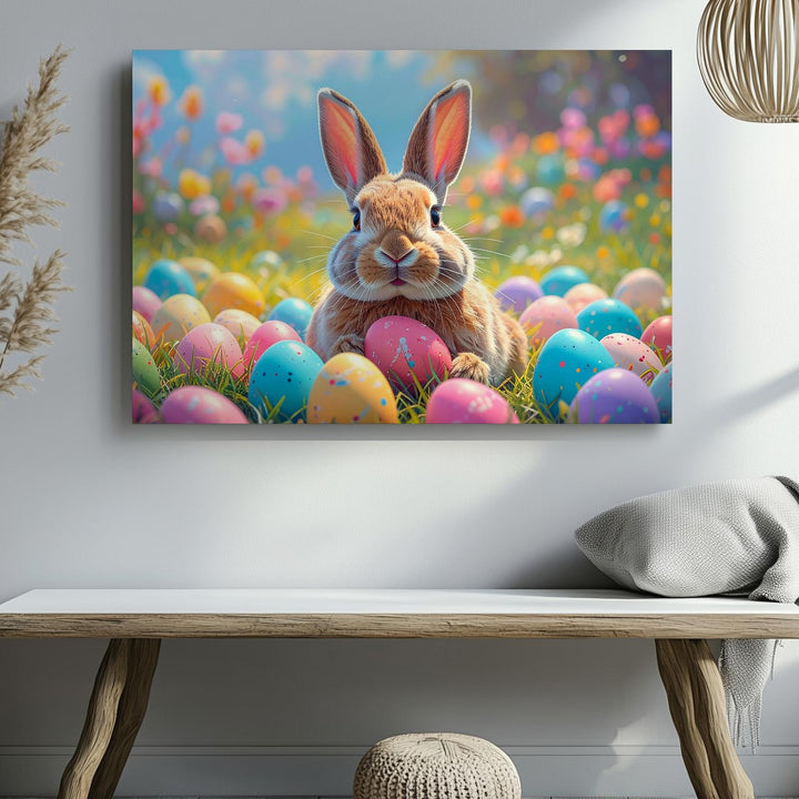 Easter Bunny & Colorful Eggs Canvas – Playful Spring Wall Art - Gifitto