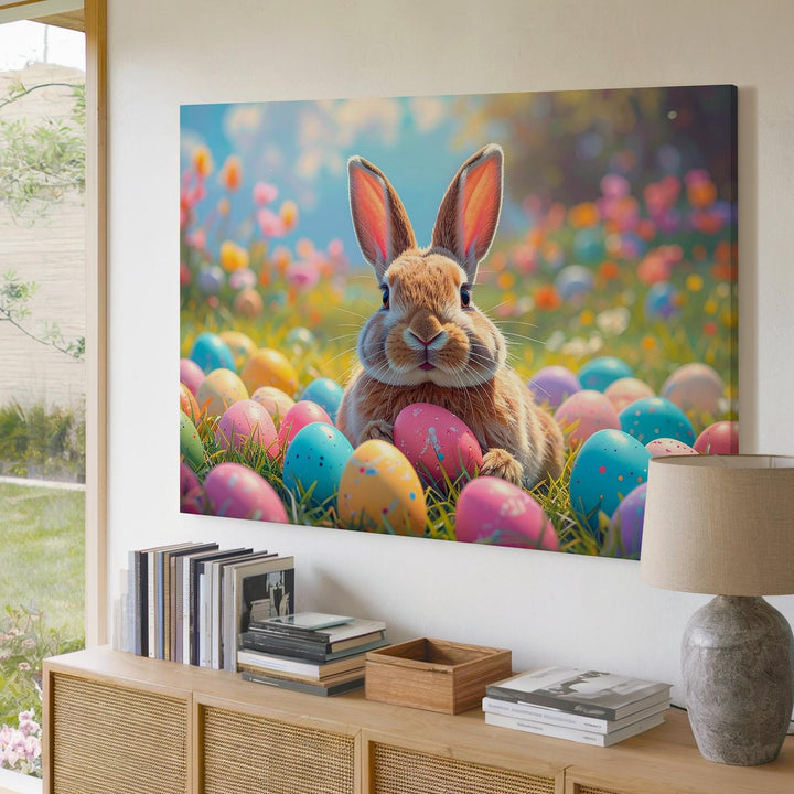 Easter Bunny & Colorful Eggs Canvas – Playful Spring Wall Art - Gifitto