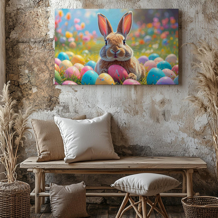 Easter Bunny & Colorful Eggs Canvas – Playful Spring Wall Art - Gifitto