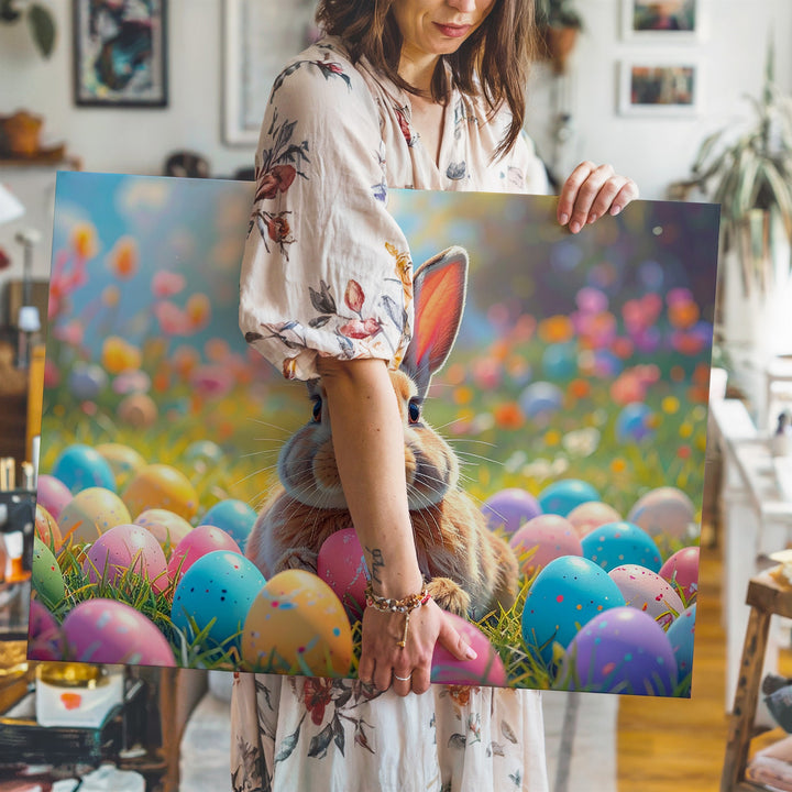 Easter Bunny & Colorful Eggs Canvas – Playful Spring Wall Art - Gifitto