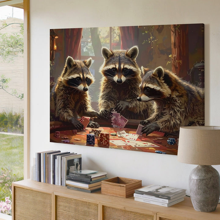 Raccoon Poker Night Canvas – Whimsical Animal Game Scene Wall Art - Gifitto