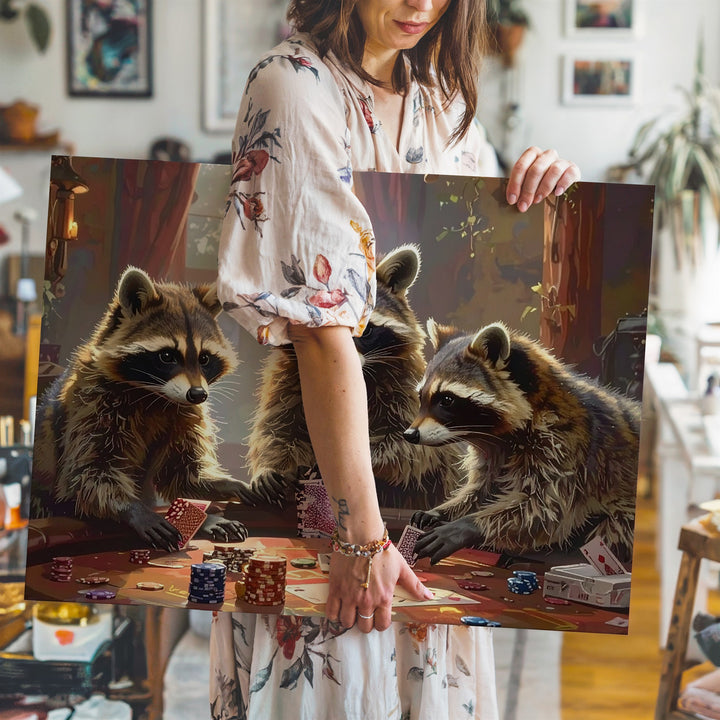 Raccoon Poker Night Canvas – Whimsical Animal Game Scene Wall Art - Gifitto