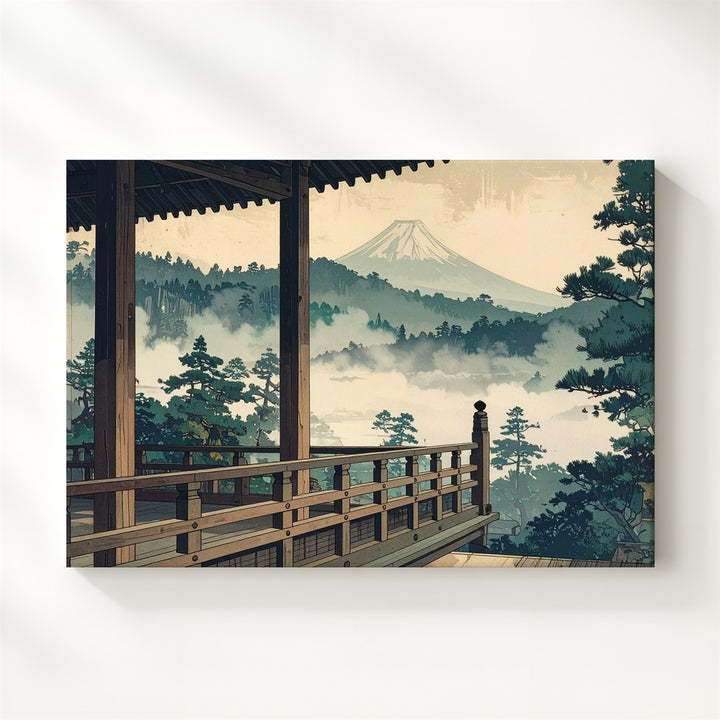 Temple View & Misty Pines Canvas – Japanese Woodblock-Style Mount Fuji Art - Gifitto