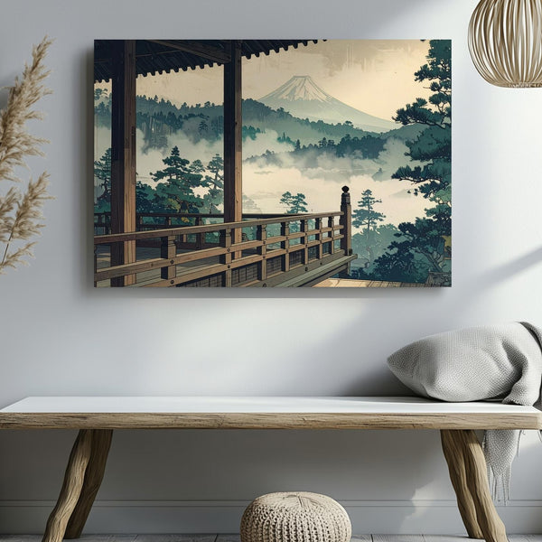 Temple View & Misty Pines Canvas – Japanese Woodblock-Style Mount Fuji Art - Gifitto