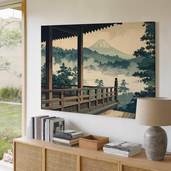 Temple View & Misty Pines Canvas – Japanese Woodblock-Style Mount Fuji Art - Gifitto