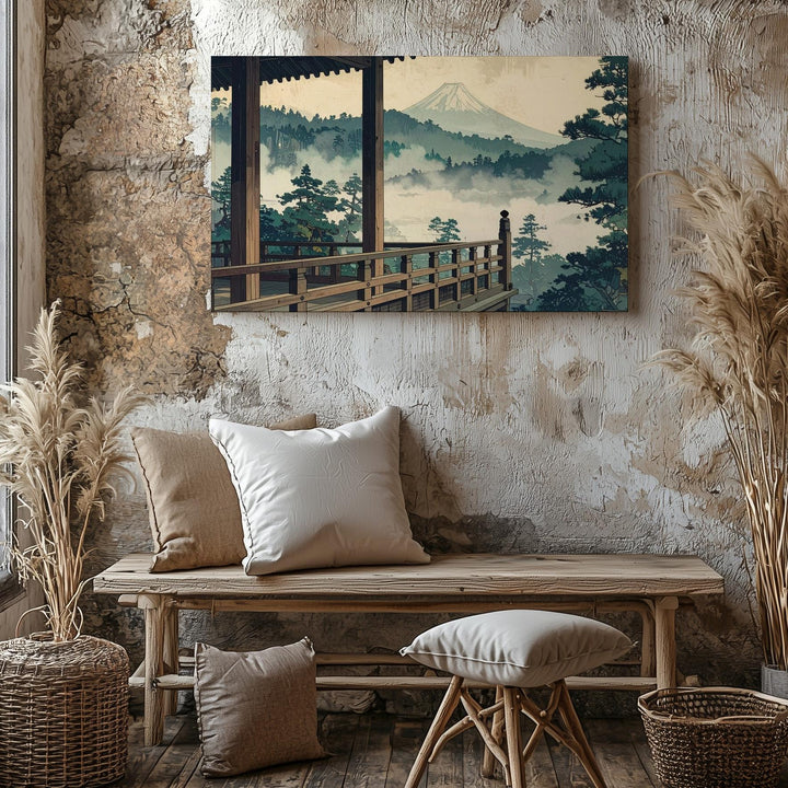 Temple View & Misty Pines Canvas – Japanese Woodblock-Style Mount Fuji Art - Gifitto