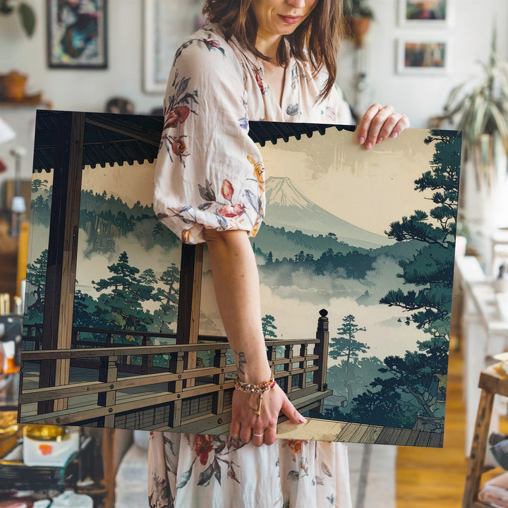 Temple View & Misty Pines Canvas – Japanese Woodblock-Style Mount Fuji Art - Gifitto