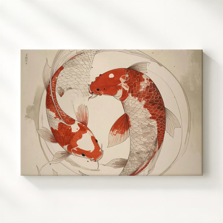 Red Koi Circle Canvas – Minimalist Yin-Yang Ink Harmony Art - Gifitto