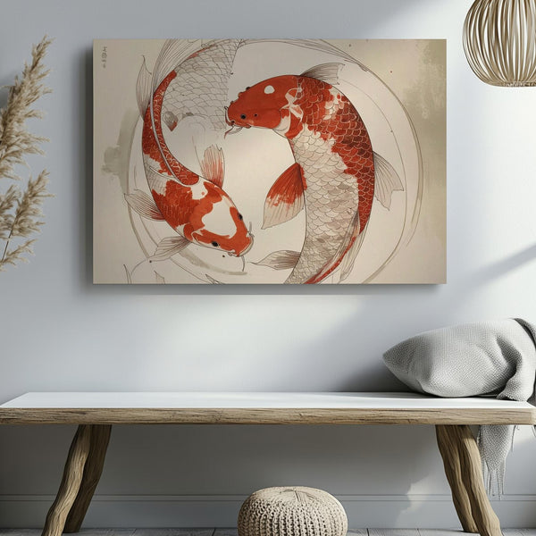 Red Koi Circle Canvas – Minimalist Yin-Yang Ink Harmony Art - Gifitto