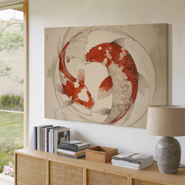 Red Koi Circle Canvas – Minimalist Yin-Yang Ink Harmony Art - Gifitto
