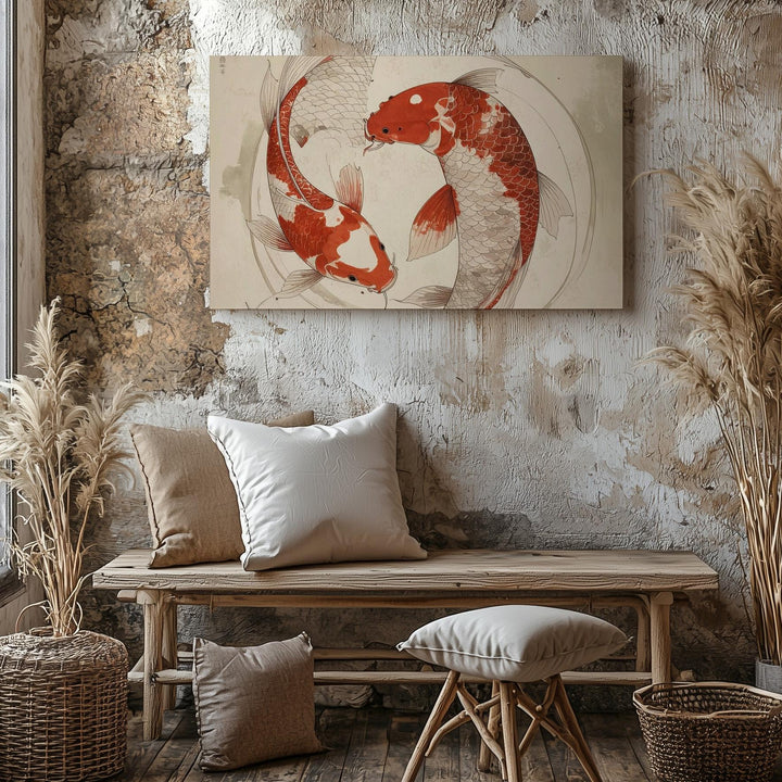 Red Koi Circle Canvas – Minimalist Yin-Yang Ink Harmony Art - Gifitto