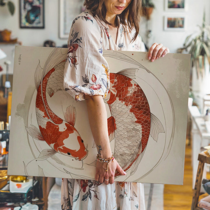Red Koi Circle Canvas – Minimalist Yin-Yang Ink Harmony Art - Gifitto