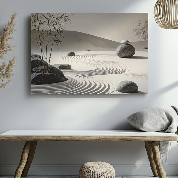 Zen Sand Garden Canvas – Photorealistic Wabi-Sabi Calm & Balance Art - Gifitto